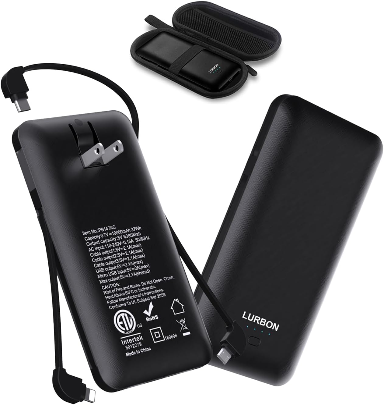 10000 mAh Portable Charger Power Bank,Slim External Battery Pack with Built in AC Wall Plug, USB C Cable Total 3 Different Cables Compatible with Cell Phone Tablet