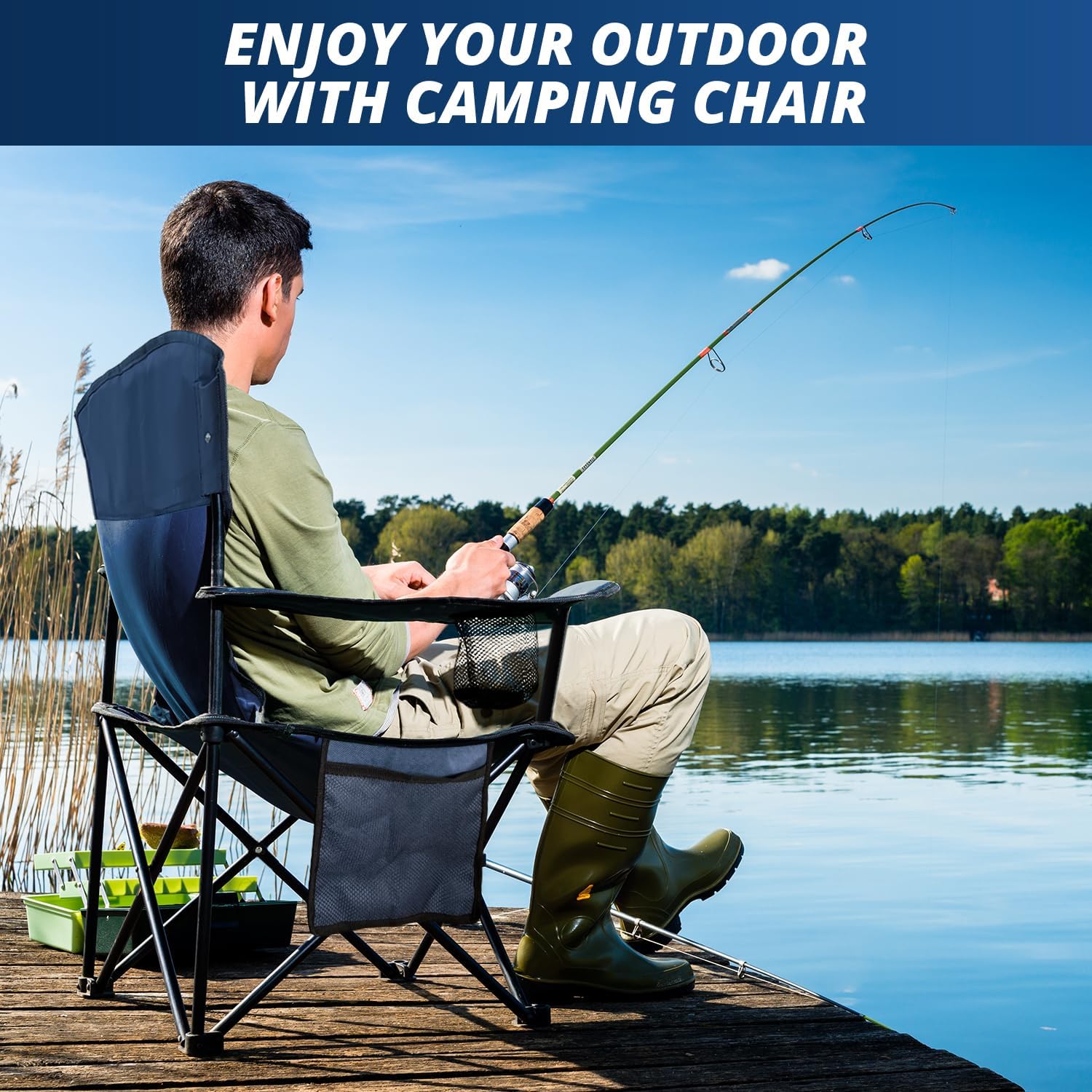 Folding Outdoor Beach Camp Chair with Cup Holder, Storage Pocket, Waterproof Bag Outdoor Arm Chair, Supports 225LBS, Cyan - Image 4