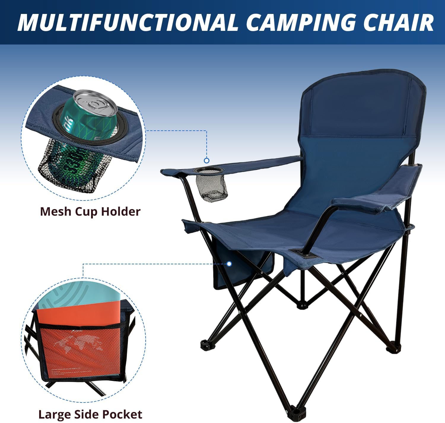 Folding Outdoor Beach Camp Chair with Cup Holder, Storage Pocket, Waterproof Bag Outdoor Arm Chair, Supports 225LBS, Cyan - Image 5